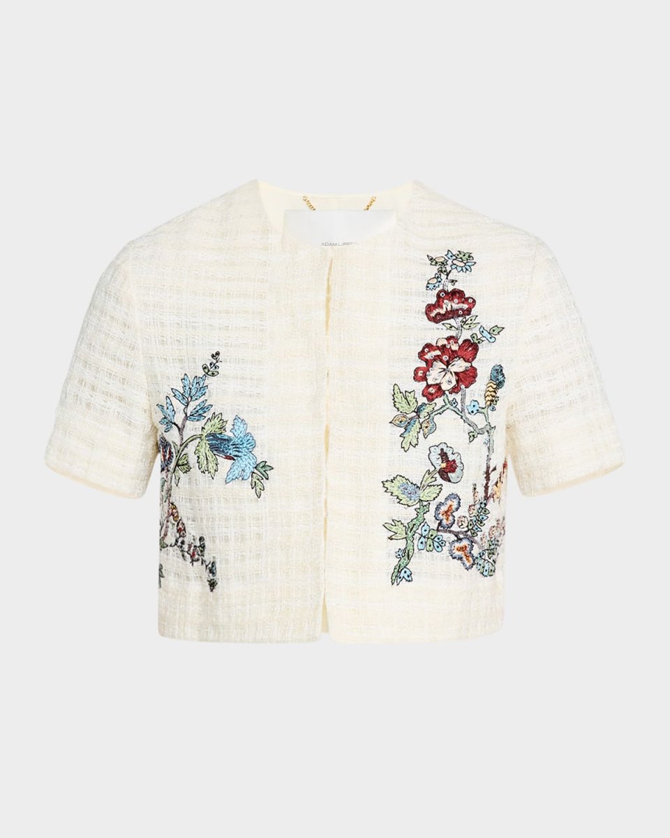 Floral Embroidered Short-Sleeve Crop Basketweave Jacket